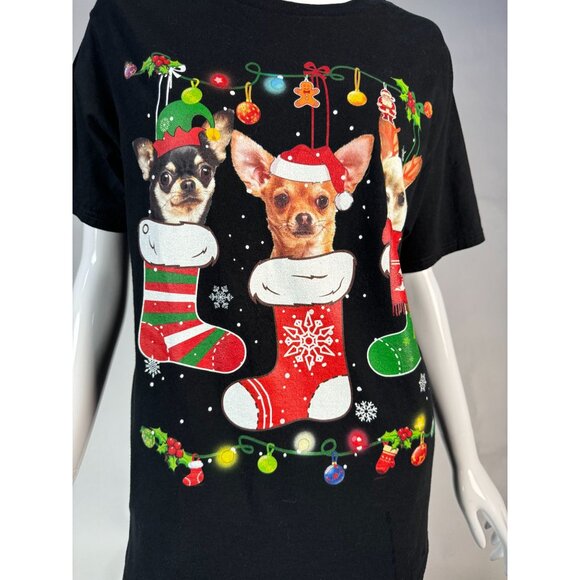 Christmas Chihuahua Stocking T-Shirt Port & Company Medium 100% Cotton Black - Picture 2 of 16